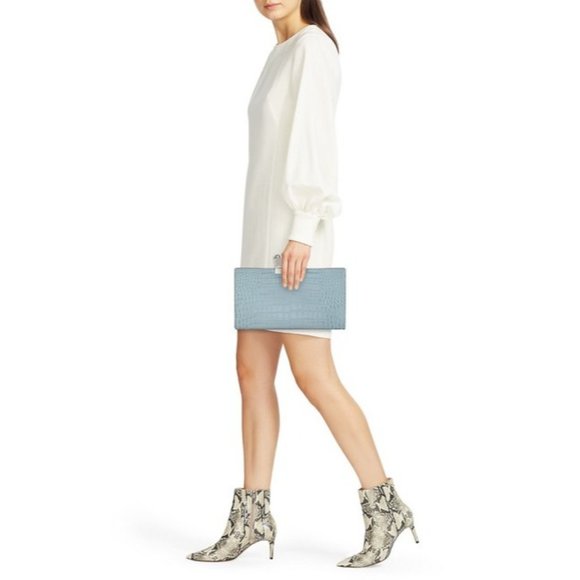 Alexander Mcqueen Skull Four Ring Croc Embossed Blue Leather Clutch - Picture 12 of 12